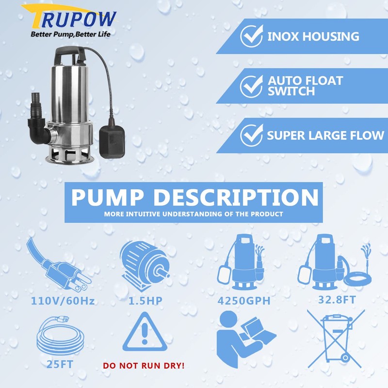 1.5HP 110v Submersible Sewage Drain Flood Stainless Steel Clean/Dirty Water