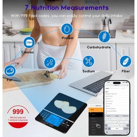 Ataller Kitchen Diet Scale, Digital Food Nutrition Scale with Nutrition Facts Display, Accurate Weight and Nutrient Calculator, Tempered Glass, Black, Max 5kg 11Ib, Graduation1g