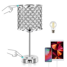 GyroVu Crystal Table Lamp, Crystal Lamp Touch Control with 2 USB Ports - 3 Way Dimmable Bedside Lamp with Bulbs, Crystal Nightstand Lamp Modern Light for Bedroom, Living Room, Bulb Included
