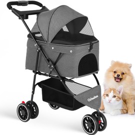 CHIHUAHUA 2-in-1 Foldable Pet Stroller with Canopy,3 Wheels Pet Strolling Cart for Small/Medium Dogs and Cats with Removable Carrier, Breathable Mesh,Cup Holders, Easy Assembly,Grey