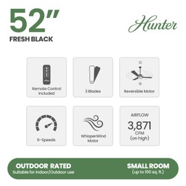 Hunter Fan 52 Inch Fresh Black Indoor/Outdoor Ceiling Fan with Lights and Remote Control for Farmhouse, Patio, Bedroom, Living Room, Office, Basement, Kitchen, Dining Room (Renewed)