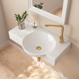 Wall Mount Sink, Deer Valley 30" x 18" Bathroom Vessel Sink, White Ceramic Bathroom Wall Hung Sink with Right Side Faucet Mount