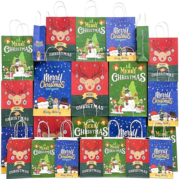 HOPEMATE 24PCS Christmas Gift Bags Bulk Assorted Sizes Reusable Kraft Paper Bags with Handles Party Favor Bags(6 Large, 9 Medium, 9 Small Gift Bags)