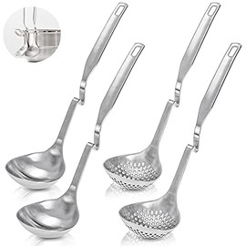 Peohud 4 Pack Soup Ladle Soup Colander, SUS304 Stainless Steel Slotted Hot Pot Ladle Strainer Scoops, Thickening Cooking Skimmer Cookware Utensil for Hotpot Scooping Sauce Serving, 12 Inch