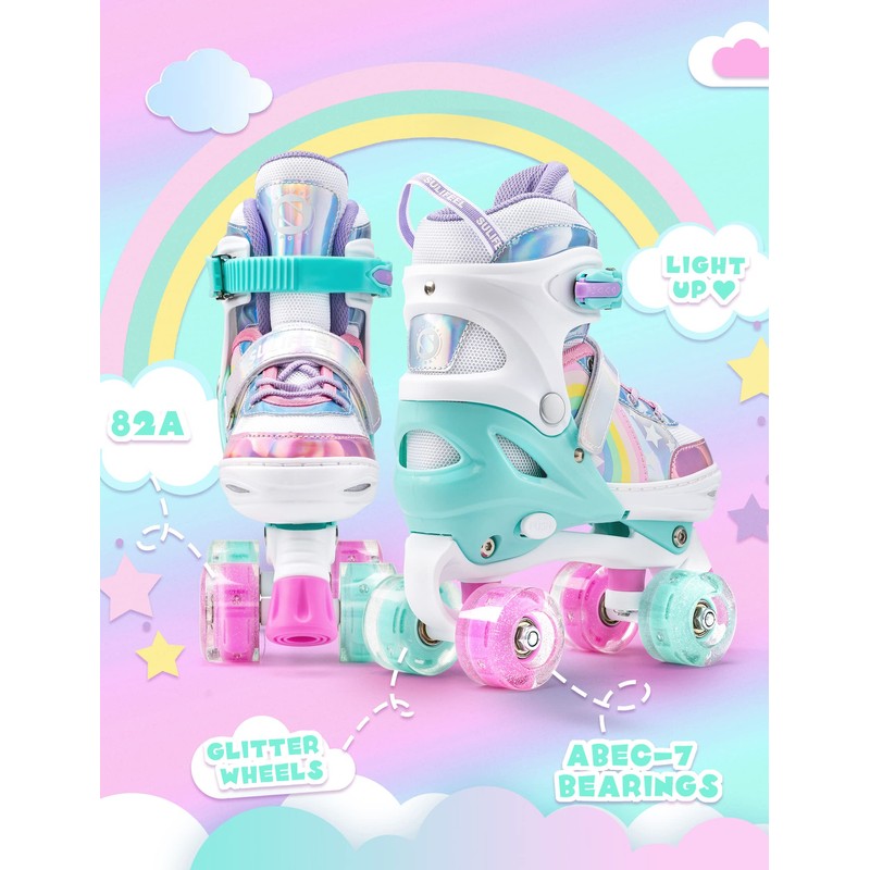 SULIFEEL Rainbow Unicorn 4 Size Adjustable Light up Roller Skates