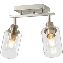 LOUSACE 2 Light Brushed Nickel Bathroom Vanity Track Light Fixtures Ceiling Mount Kitchen Track Lighting Kit with Clear Glass Shade, Modern Wall Ceiling Rotatable Tracking Light Heads for Accent Shop