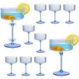 XUWAIDSGN 12 Pcs Champagne Martini Glasses 9 Oz with Gilded Removable Gold Rim Coupe Glasses Blue Martini Plastic Mimosa Glasses Vintage Coupe Set For Wedding Anniversary (12, Clear Blue)