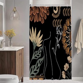 Uiiooazy Shower Curtain Boho Black, Shower Curtain Abstract Woman Flowers Minimalist Shower Curtains Anti Mould Waterproof Polyester Fabric Washable Opaque Bathroom Curtain with 8 Hooks 120 W x 200 H