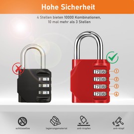NAGE Padlock Numbers 4 Digit Padlock Combination Lock Lock Locker for Gym and School Numbers Zor Lock Weatherproof for Cellar Door, Fences, Garages (2 Pieces, Red)