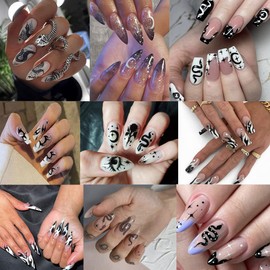 10Pcs Gothic Nail Stickers 3D Self-Adhesive Black White Nail Art Stickers Rose Leaf Snake Moon Star Design Nail Decoration Horror Eyes Nail Decals Flame Butterfly Nail Supplies for Acrylic Nail DIY