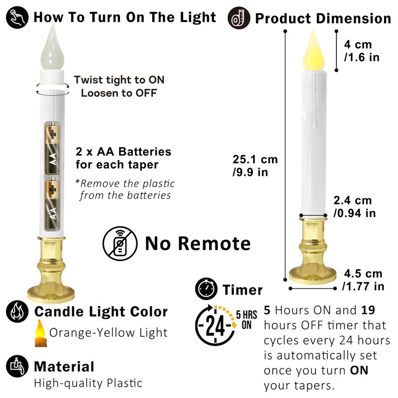 FURORA LIGHTING LED White Taper Candles with Gold Holders Pack