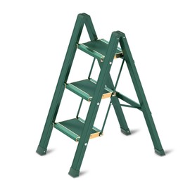 3 Step Ladder, Folding Step Stool with Wide Anti-Slip Gold Wide Pedal, Lightweight Aluminum Step Ladders for Adults, Multi-Functional Ladders with 330lbs Load Capacity for Home and Kitchen, Green