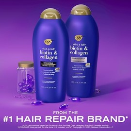 OGX Juego de champú y acondicionador, grueso y completo + biotina y colágeno, morado, ayuda a espesar y texturizar el cabello, ideal para cabello de v