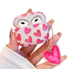 PHOEACC Compatible with Airpods 3rd Generation Case Cute for Girls Women Romantic Love Shell Pearl Protective Cover with Keychain for Airpod 3 Case (Hot Pink Hearts)