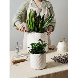 LE TAUCI 6+8+10 Inch Plant Pots Indoor, Ceramic Planter Pots for Plants, Raised Dots Flower Pots Indoor for Home and Office, Mid-Modern Century Pots with Drainage Hole and Plug, Glaze Arctic White