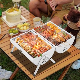 Portable Charcoal Grills - Mini Barbecue Grill with Thermometer - Small Tabletop Charcoal Grill for Outdoor Cooking, Grilling - Table Top BBQ Grill for Camping (White)