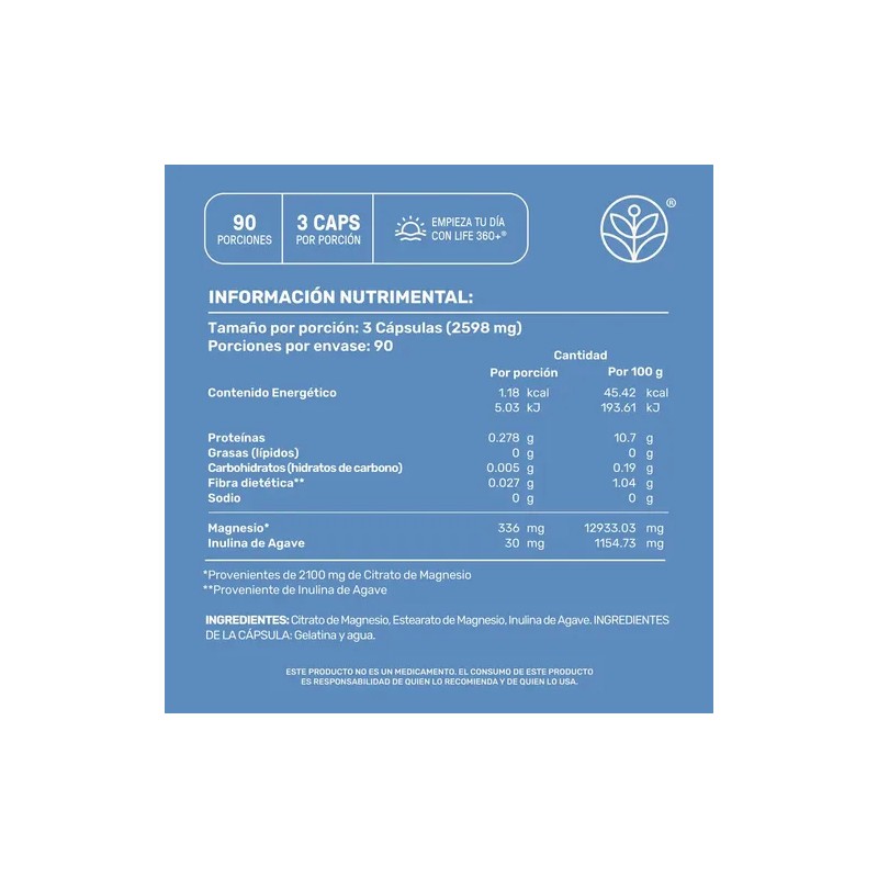 Citrato Magnesio Alta Pureza 270 Cápsulas Life360 Sabor