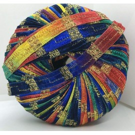 Memento Royale Berlini Glitter Ribbon Yarn 50 Gram, 88 Yards, 3/8" Wide #89 Blue Parade with Gold Metallic