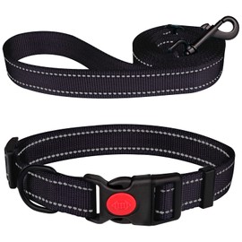 Reflective Dog Collar and Leash Set with Safety Locking Buckle Nylon Pet Collars Adjustable for Small Medium Large Dogs 4 Sizes(Black&M)