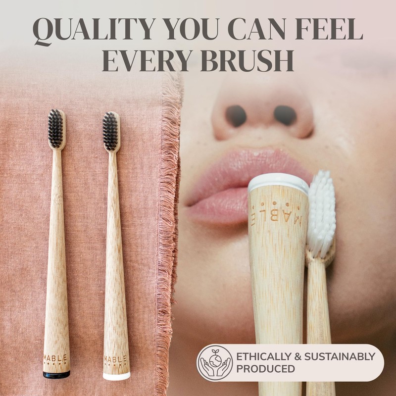 MABLE Two Pack Bamboo Toothbrush for Adult | Charcoal Infused