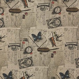 Kt KILOtela - Half Panama Digital Print Organic Cotton Light Covers, Cushions, Tablecloths, Curtains, Curtains, 100 cm Length x 280 cm Width, Vintage Sookie Cards, Brown Beige - 1 Metre