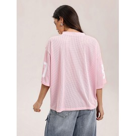 Verdusa Women's Oversized Y2K Mesh Number Graphic Shirts V Neck Letter Print Jersey Tee Tops Pink Medium