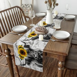 Erosebridal - Camino de mesa de vaca montañosa de 13 x 90 pulgadas, camino de mesa de ganado girasol, flor de vaca para sala de estar, recámara, gris, amarillo, verde, animales de granja de vida