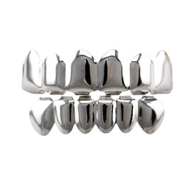 14K Light Gold Plated 8 Upper and 6 Lower Teeth Hip Hop BBQ Spout for Men and Women (Silver Set)