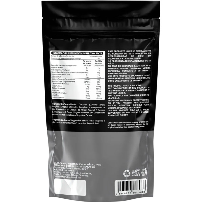 Zinc, Curcuma Y Jengibre 180 Cápsulas Wellthy Sabor Sin Sabor