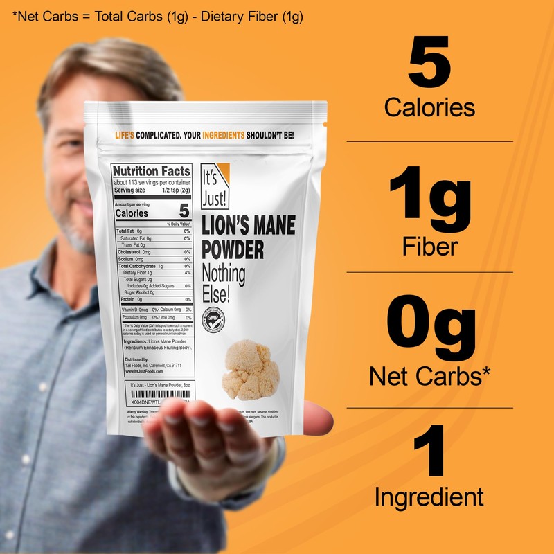 It's Just! - Lion's Mane Mushroom Powder, Natural Raw Superfood,