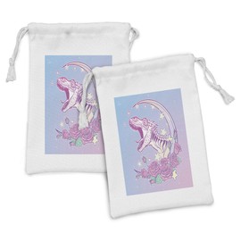 Lunarable Dino Print Fabric Pouch Set of 2, Sketch Style Drawing of the Roaring Tyrannosaurus Rex on Kawaii Moon and Roses, Small Drawstring Bag for Toiletries Masks and Favors, 9" x 6", Multicolor