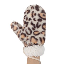 JIAHG Women Leopard Print Mittens Gloves with String Girls Winter Thicken Plush Lining Windproof Warm Gloves Fuzzy Full Finger Cover Gloves Cold Weather Handwear for Student Bicycles Outdoor (Beige)