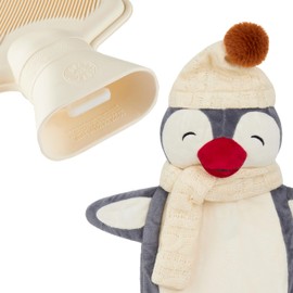 Hot Water Bottle with Animal Fleece Cover 1 or 2 Litre Capacity Natural Rubber Long Hot Water Bottle Plush Cute Animal Cover Cosy Gifts (Grey Penguin)
