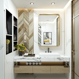 TokeShimi Gold Bathroom Mirror - 24 x 36 Inch Metal Rounded Corner Rectangle Mirror - Hangs Horizontal Or Vertical - Rustic Finish