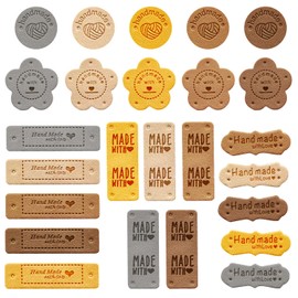 25 Pcs Handmade Labels, PU Leather Made with Love Labels Embossed Hand Made with Love Labels Sewing Hand Made Labels with Holes for Crochet, Knitting, Sewing, DIY, Bags, Hats (5 Styles)