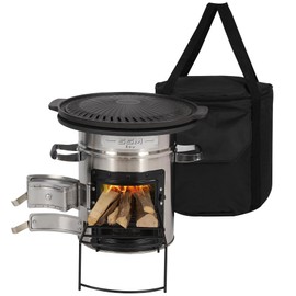 Lineslife Camping Rocket Stove with Grill Pan for Cooking, Portable Stainless Steel Wood Stove with Carry Bag for Backpacking Hiking Survival, Silver Two Doors 12.6''