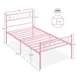 IDEALHOUSE Pink Metal Twin Bed Frame with Headboard/Footboard for Girls and Boys, Twin Size Platform Bed Frame with Iron-Art Sweet Heart, Under Bed Storage, No Box Spring Needed, Easy Assembly