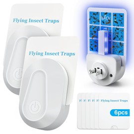 Indoor Fly Trap Plug-in Device, Fruit Fly and Gnat Trap with 2 Traps and 6 Sticky Refills, Flying Insect Catcher for Mosquitoes, Moths, and Household Flying Bugs (2, White)