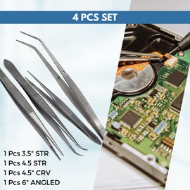 Multifunction Stainless Steel Tweezers Precision Serrated 4 Pcs Tool Set Designed for All Purposes Repairs, Micro Soldering, DIY Arts Crafting, Outdoor Adventures, Laboratory Work
