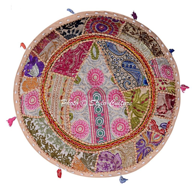 Stylo Culture Cotton Patchwork Embroidered Ottoman Stool Pouf Cover Beige