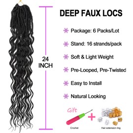 FANWYFYU 24 Inch Goddess Locs Crochet Hair Deep Wave 6Packs New Soft Faux Locs Crochet Braids Pre Looped Hair Extensions for Black Women(1B)