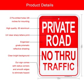 MUXYH 2 Pack Private Road Sign, No Thru Traffic Sign, 18 x 12 Inches, Rust Free Heavy Duty Aluminum Warning Signs, Waterproof, Easy to Mount