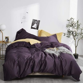 EAVD 3 Pieces Purple Duvet Cover King Ultra-Soft 100% Long Staple Cotton Purple Bedding with 2 Button Pillowcases Luxury Modern Solid Color Purple Comforter Set with Zipper Closure(NO Comforter)