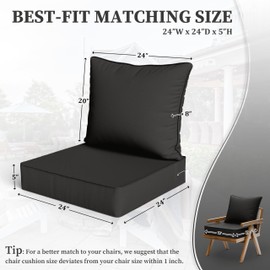 Kimunuk Outdoor Seat Cushion Set 24 L X 24 W X 5 H Inch Waterproof & Fade Resistant Patio Furniture Cushions with Removable Cover with Non-Slip Pads and Straps for Sofa Chairs, Chairs