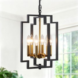 Black and Gold Modern Farmhouse Chandeliers for Dining Room, 6-Light Pendant Light Fixture Adjustable Industrical Entryway Light Fixture Hanging Chandelier for Kitchen Island Entryway Hallway Foyer