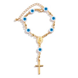 Evil Eye Rosary Bracelet for Women Cross bracelet Gold Catholic Rosary Beads Bracelets Good Luck bracelets Pink Blue Evil Eye Jewelry Gift for Girls Teen
