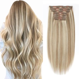 Sixstarhair 16inch Clip In Hair Extensions Ash Brown Fading to Ash Blonde 7 Pieces Natural Human Hair Invisible Remy Hair Extensions 140g per Pack [Color P8-60# 16inch]