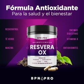 ResveraOX - 90 Cápsulas Naturales con Resveratrol Puro, Té Verde, Enzimas Digestivas y Niacina | Potente Antioxidante | Suplemento Alimenticio Sin Gluten ni Aditivos - Resveratrol 500mg | BPN PRO