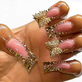 Rilafuvu Gold Press on Nails Medium,Fake Nails Gold Acrylic Nails with 3D Rhinestones and Butterfly Designs,Glue on Nails Blue Duck Nails Press on Stars Stick on Nails for Women and Girls 24Pcs