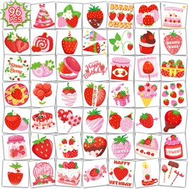 Konsait Strawberry Temporary Tattoos, 96Pcs Berry Sweet Strawberry Shortcake Birthday Party Decorations Tattoos, Strawberry Party Favors & Strawberry Goodie Bag Stuffers, 48 Design